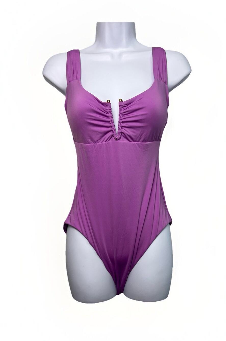 Becca 851147 Shirred V-Wire One-Piece Swimsuit Sz L Orchid $138